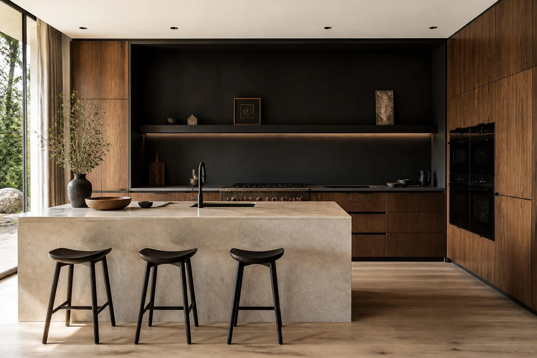 Ambiente de cozinha planejada em madeira com iluminação quente